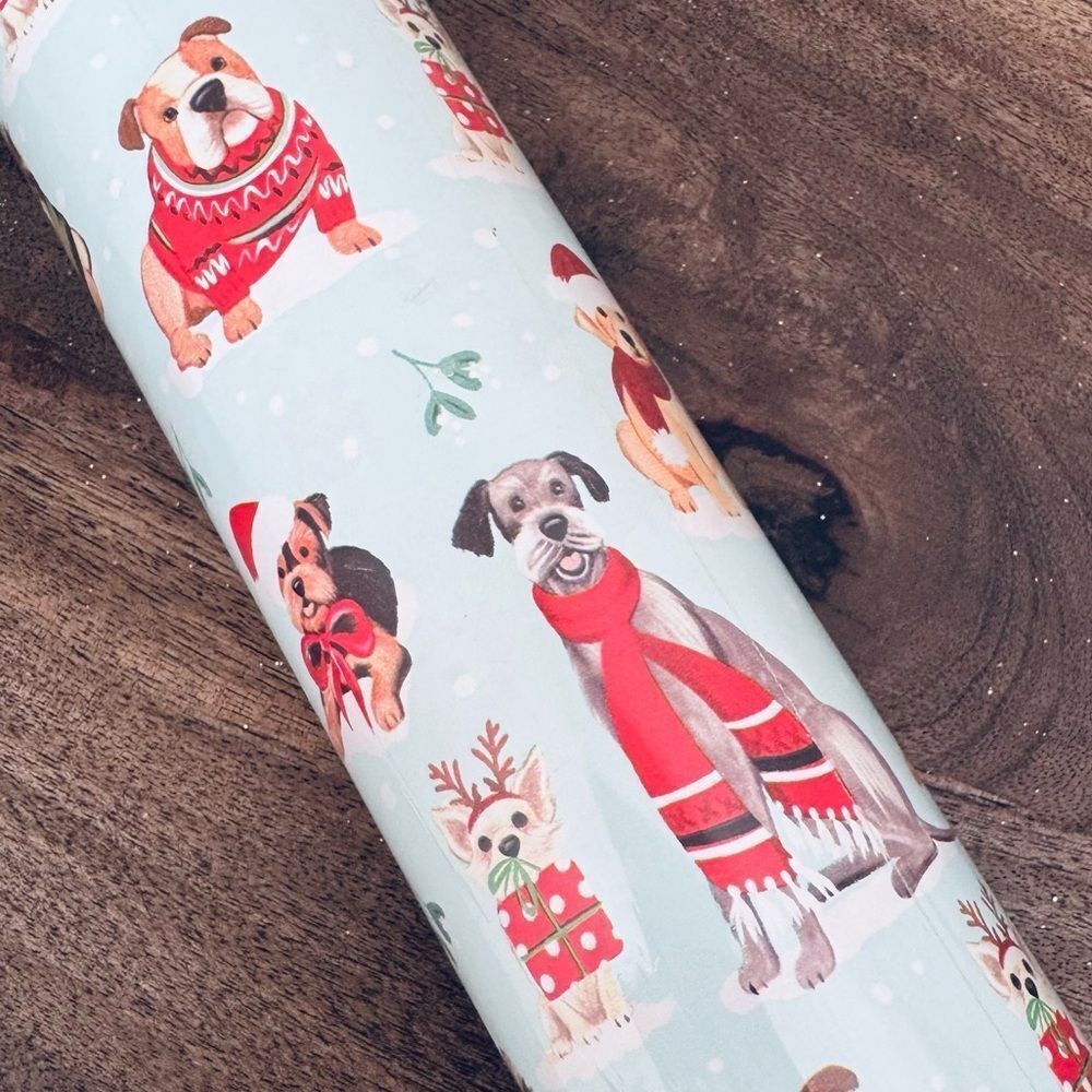 Christmas Holiday Dog Print Blue Gift Wrap Wrapping Paper Roll